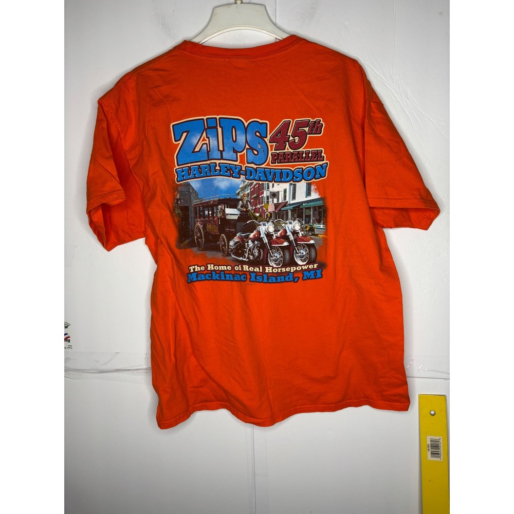 Harley-Davidson Mens Orange Zips 45th Parallel‎ Mackinac Island MI T-Shirt XL